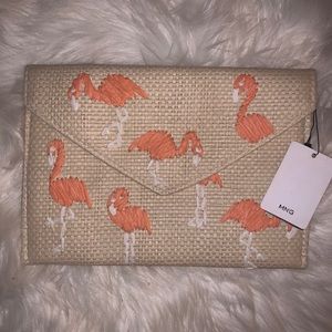 Mango flamingo envelope straw clutch